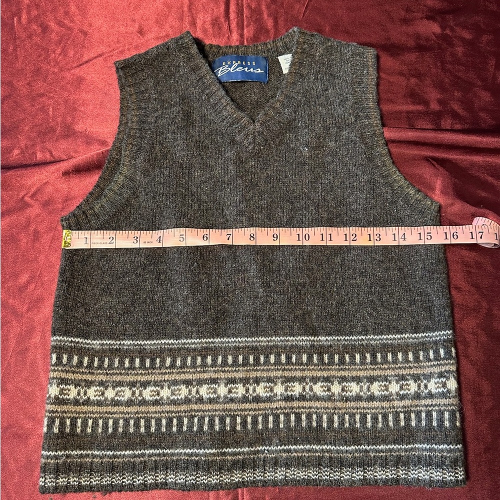 Vintage Express Blues 100% Wool Sweater Vest Brown Pattern Men’s Small